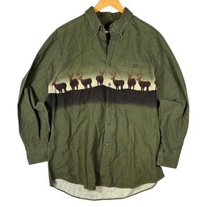 Vintage Woolrich Men's Olive Deer Print Button Down Flannel Shirt XL